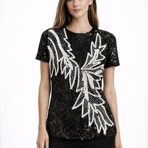 B89. STENAY %100 Silk Black and White Sequin Embellished Top